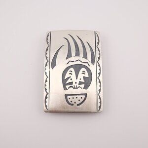 Navajo Belt Buckle Sterling Silver Bear Paw Overlay Signed Handmade Jewelry**